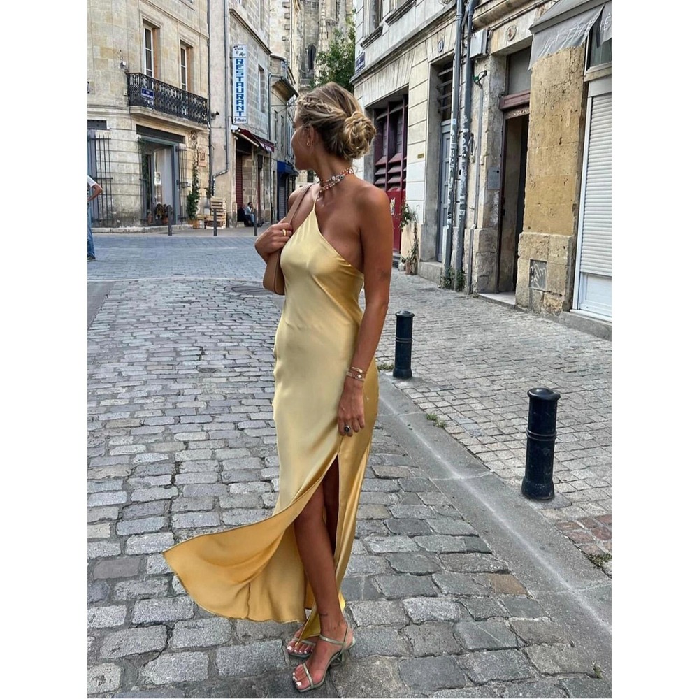 Commense Golden Yellow One Shoulder Satin Backless Maxi Dress with Side Slit S - Picture 14 of 14